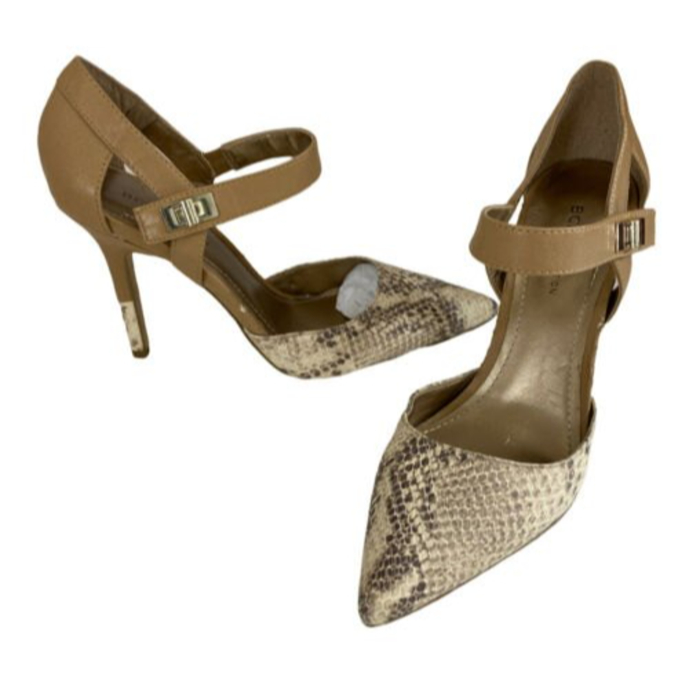 BCBGeneration Beige Snake Point Toe Shoes Strappy Pumps Heels Womens 7